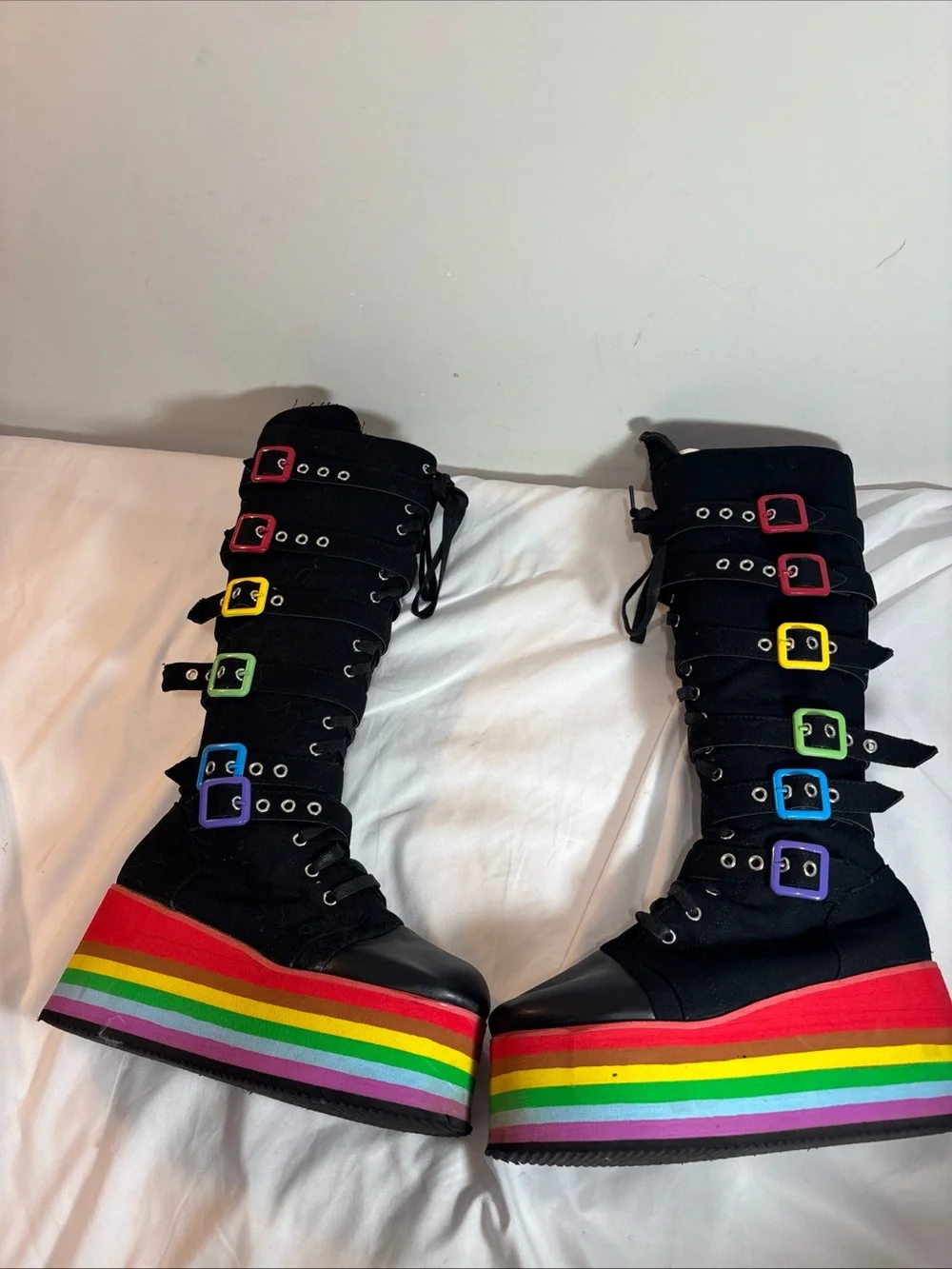 Black Lace-Up Platform Boots with Rainbow Sole